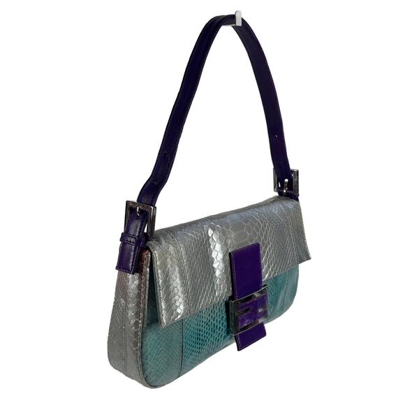 Fendi Vintage Silver Blue Purple Fuchsia Ombré Snakeskin Baguette Shoulder Bag - Picture 4 of 9